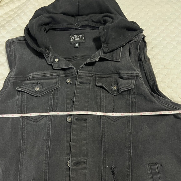 RUDE XXX Hot Topic Black Denim jacket adjustable sleeves with Hood size XL - Picture 5 of 6
